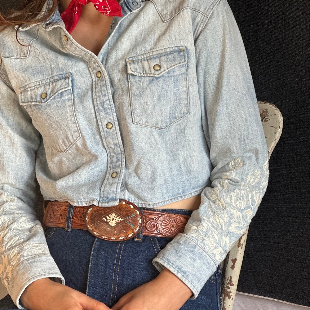 ALL SAINTS Flora Western Embroidered Snap Shirt Cropped XS EUC